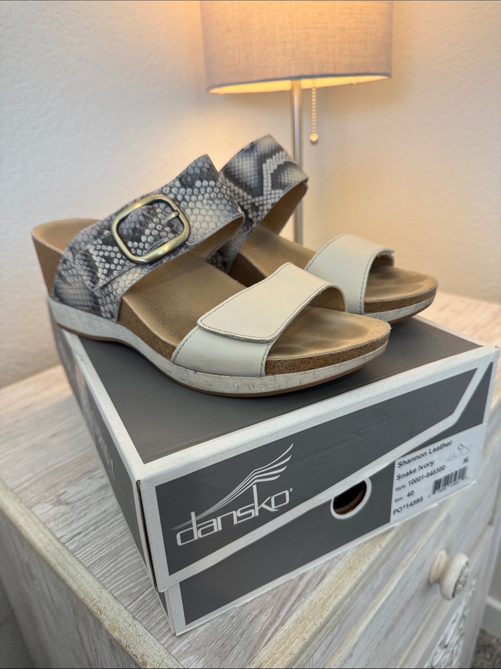 Dansko Snake-Print and Cream Wedge Sandals
